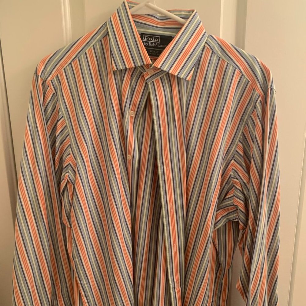 Polo Ralph Lauren Dress Shirt - Striped (Orange, Blue, Grey) 16.5 neck Large